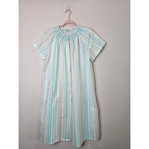 Vintage Whispers Smocked Button Front Nightgown House Dress Robe White Pastel